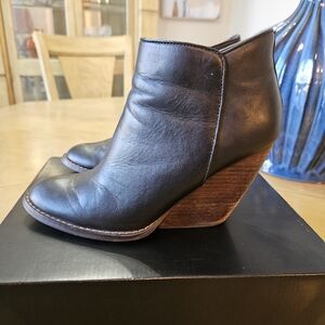 Reba Black Leather Ankle Booties with Wooden Heel